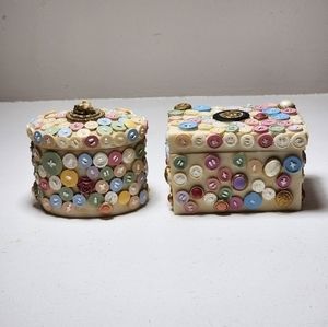 2 Vintage Dezine Hand‎ Painted Resin Collectible Trinket Box w/Colorful Buttons